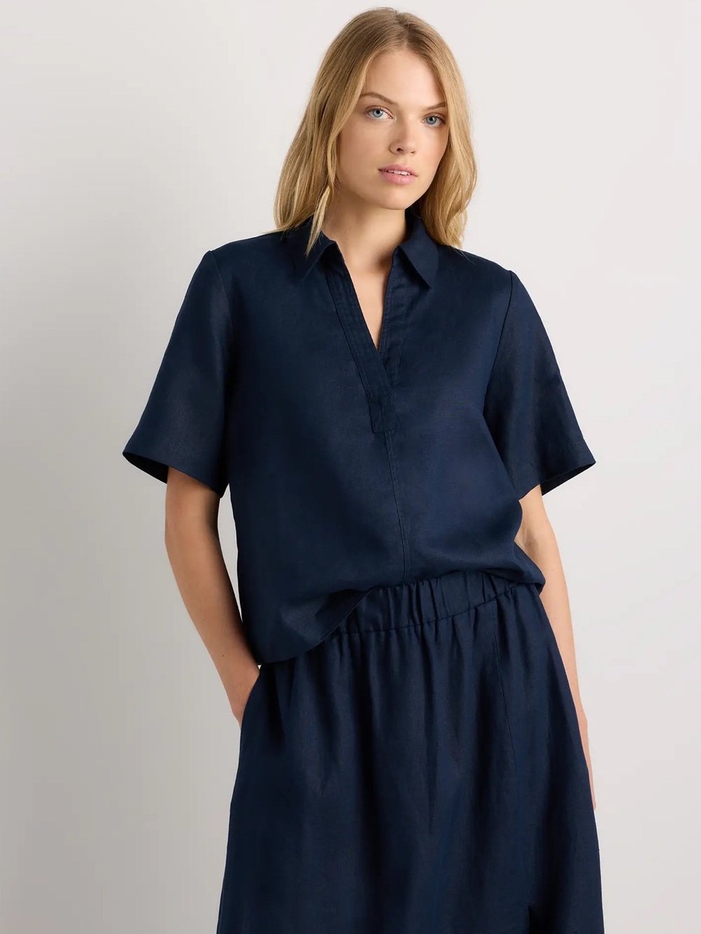 Quince Navy 100% European Linen Short Sleeve Popover Top Size Small